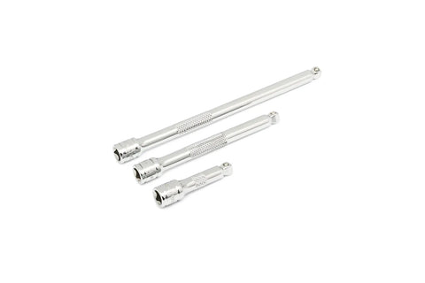 Extension bars from 18 Piece 1/4 Inch 90-Tooth Ratchet And Drive Tool Set with EVA Foam Tray, chrome finish, knurled for non-slip grip.