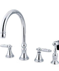 Georgian Widespread Two Handle Kitchen Faucet With Matching Brass Sprayer Swivel Spout Eight And A Quarter Inch Reach Polished Chrome Finish Durable Brass Construction Quarter Turn Ceramic Cartridge Easy Install