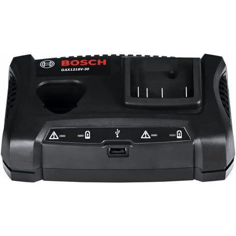 GAX1218V 30 18V 12V Dual Bay Lithium Ion Battery Charger With USB Port shown with charging slots and USB port.