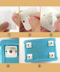 Steps to install Heavy Duty Self Adhesive Caster Wheels Set With 360 Degree Swivel, showing adhesive, parts, and application on blue surface.