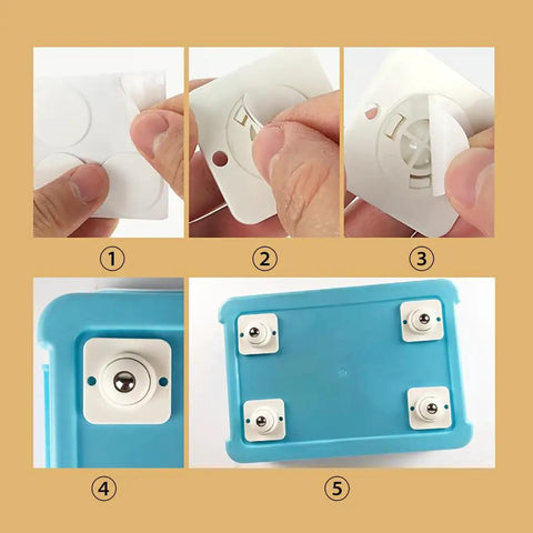 Steps to install Heavy Duty Self Adhesive Caster Wheels Set With 360 Degree Swivel, showing adhesive, parts, and application on blue surface.