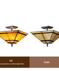 Lit and unlit 14 Inch Tiffany Style Stained Glass Mission Flush Mount Ceiling Light 2 Light Antique Lamp For Living Room Hallway Kitchen Entryway Hardwired E26 LED CFL Compatible
