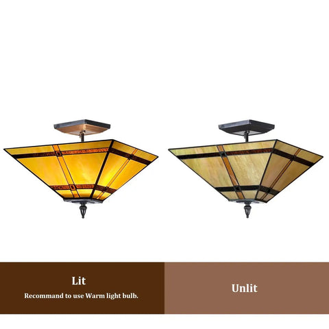 Lit and unlit 14 Inch Tiffany Style Stained Glass Mission Flush Mount Ceiling Light 2 Light Antique Lamp For Living Room Hallway Kitchen Entryway Hardwired E26 LED CFL Compatible