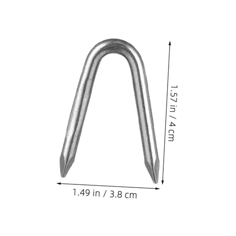 Heavy Duty Wire Mesh Staples Set For Outdoor Construction Reusable U Shaped Fence Post Staples shown with dimensions