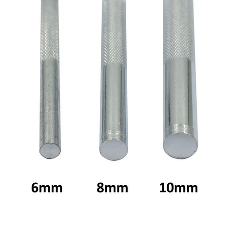 Three rivet setters for Pro Grade 7 Piece Metal Domed Rivet Setter Kit With 6mm 8mm And 10mm Rivet Setters Double Sided Bases.