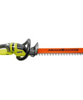 No Sweat 22 Inch Dual Action Cordless Hedge Trimmer With Slick Rotating Grip And Fast Clearing Debris Brush Up To Three Quarter Cutting Capacity Eighteen Volt Tool Only angled view of trimmer with hedge sweep blade.