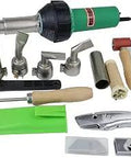 Pro Grade 110V 1600W Plastic Welding Hot Air Gun With Adjustable Temp, accessories including nozzles, roller, and dolphin knife.