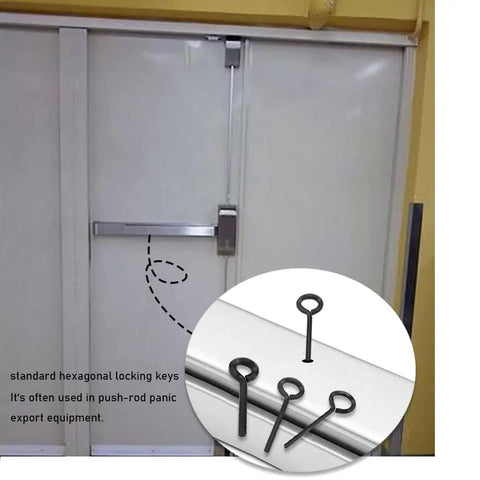 15 Piece Black Hex Dogging Key Kit With Full Loop For Push Rod Panic Exit Equipment shown with door hardware.
