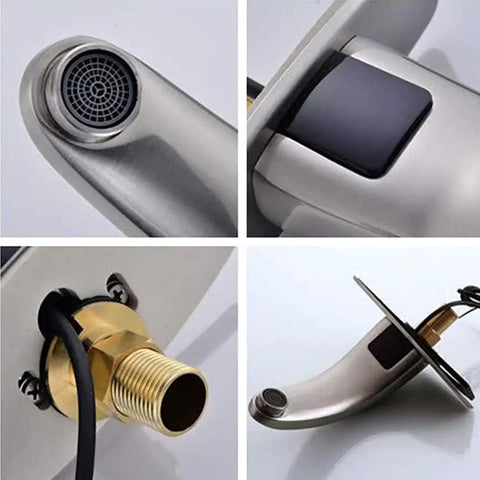 Close-up of Automatic No Touch Bathroom Faucet With Motion Sensor Hands Free Sink Mixer in Brushed Nickel showing components.