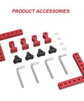 Heavy Duty Woodworking Precision Square L Shaped Jig For Fast Splicing And Panel Alignment Dead Nuts Straight Lines Quick Setup Every Single Time Pro Shop Gear accessory set including red and black pieces with hex keys.
