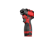 Knockout Brushless Cordless Electric Drill Powered By 16 Point 8 Volt Lithium Battery Smooth Riding Wireless Screwdriver Handling Heavy Loads With Ease Relentless Mini Power Driver Kit side view of red and black compact drill.
