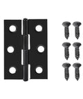 Black Stainless Steel Cabinet And Drawer Butt Hinges With Screws 45mm By 31mm 1mm Plate Flat Folding Hinge Set For Dry Indoor Use Pre drilled Holes Includes Matching Screws For Quick DIY Install, shown with screws.