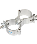 4 Pack Silver Swivel Double Truss Clamps For 2 Inch Truss System Built Tough Aluminum Alloy 220 Pound Max Load 360 Degree Swivel Dual Hinged Couplers For Flexible Cross Connection And Angled Mounting shown closed on 2-inch truss pipe