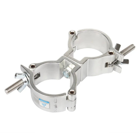 4 Pack Silver Swivel Double Truss Clamps For 2 Inch Truss System Built Tough Aluminum Alloy 220 Pound Max Load 360 Degree Swivel Dual Hinged Couplers For Flexible Cross Connection And Angled Mounting shown closed on 2-inch truss pipe