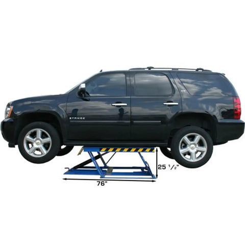 Black SUV on Badass Low Rise Scissors Vehicle Lift, 6000 lb capacity, 76" length and 25.5" height, heavy duty frame.