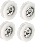 Top Tier 4 Pack V Groove Guide Bearing Pulleys Made Tough With Steel And Nylon Tracks 5mm Bore wheels on display.