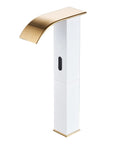 Touchless Bathroom Vessel Faucet With Motion Sensor No-Touch Hands Free Deck Mounted Water-Saving Lavatory Tap In White Gold One-Hole Bowl Sink Faucet For Vanity, showing white and gold finish