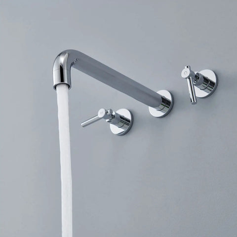Wall Mount Tub Filler Chrome Faucet With Brass Construction, Double Handles, Ceramic Cartridge, One Half Inch NPT Inlets