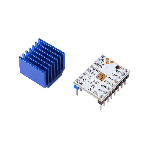 Five Pack Ultra Quiet TMC2208 Stepper Driver Modules For 3D Printers With Heat Sink And Screwdriver Kit close-up of a module and heatsink