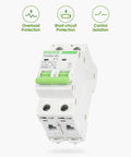 12V-110V DC Miniature Circuit Breaker, 15 Amp 2-Pole Battery Protector, front view of DIN Rail Mount DC Disconnect Switch