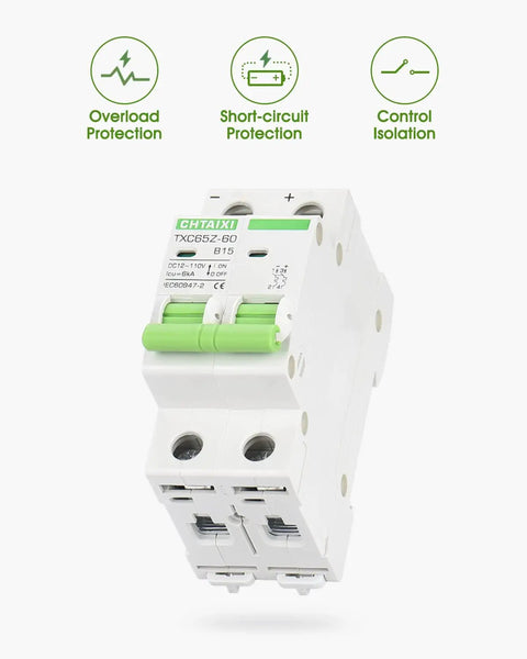 12V-110V DC Miniature Circuit Breaker, 15 Amp 2-Pole Battery Protector, front view of DIN Rail Mount DC Disconnect Switch