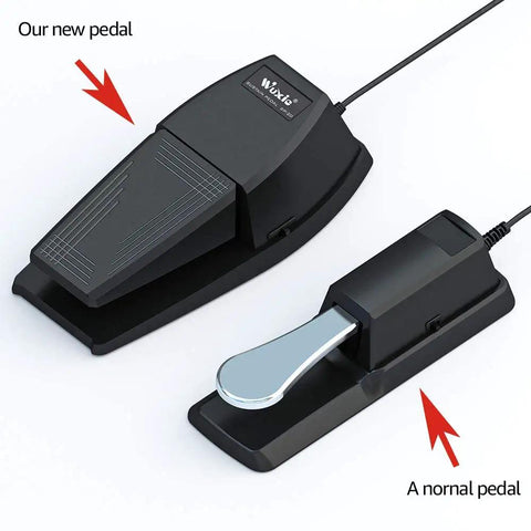 Universal Sustain Pedal for Digital Pianos and MIDI Keyboards, showing non-slip and regular pedals with polarity switch and 1/4 inch jack.