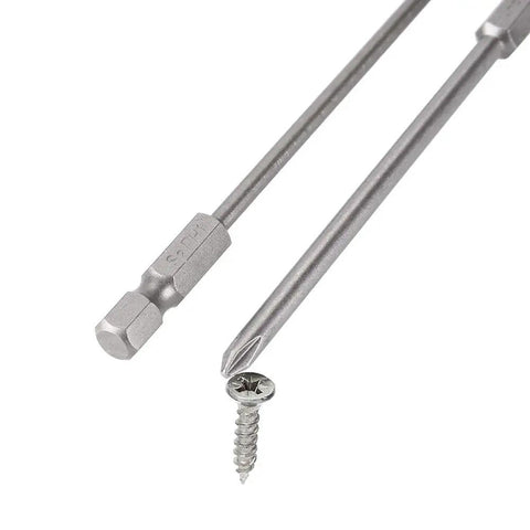 Close-up of bits from 4-In-1 Magnetic Screwdriver Bit Set, 16-Piece With 1/4 Inch Hex Shank next to a screw