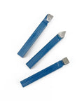 Three blue carbide lathe tool bits from the ten piece one quarter inch carbide lathe tool bits set for metal cutting.