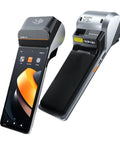 Plug And Chug Android 13 Handheld POS System With Integrated 58mm Thermal Printer, view from front and side.