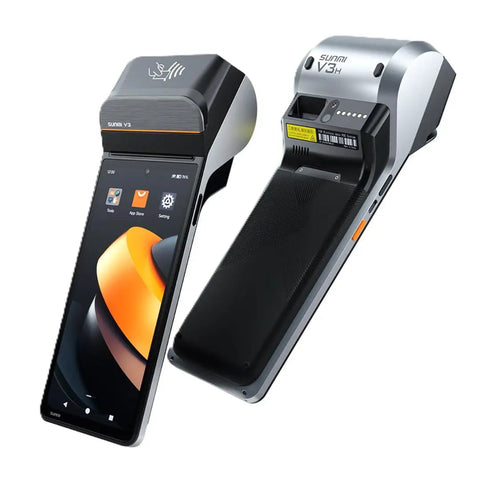 Plug And Chug Android 13 Handheld POS System With Integrated 58mm Thermal Printer, view from front and side.
