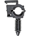 Close-up of a single black clip from 40 Piece Wire Loom Routing Clip Retainer Kit For One Quarter To Three Quarter Inch Wire Looms.
