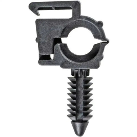 Close-up of a single black clip from 40 Piece Wire Loom Routing Clip Retainer Kit For One Quarter To Three Quarter Inch Wire Looms.