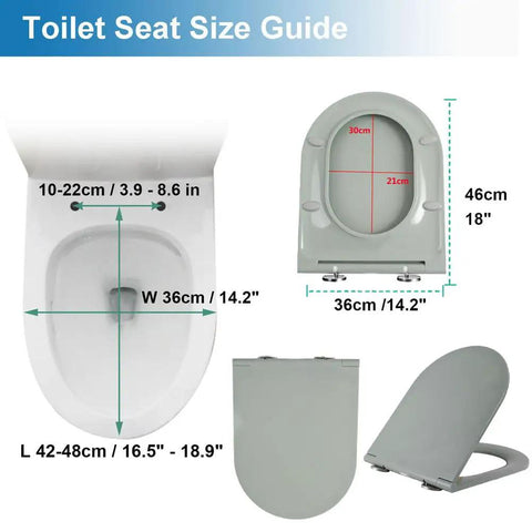 Toilet seat size guide for the Modern Gray D Shaped Toilet Seat Featuring Soft Close Lids And No Fuss Quick Release Design.