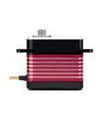Top Shelf Badass Brushless Servo Using Eight Point Four Volts Generates Thirty Five Kilogram Centimeter Power With Heavy Duty Steel Gears And Full Waterproof Cover For Remote Control Cars Includes Arm side view showing sleek red and black design.