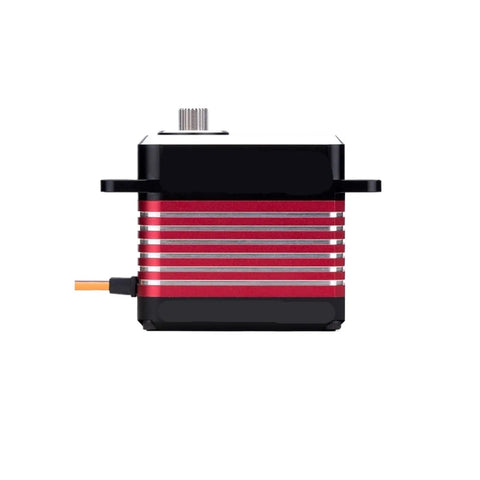 Top Shelf Badass Brushless Servo Using Eight Point Four Volts Generates Thirty Five Kilogram Centimeter Power With Heavy Duty Steel Gears And Full Waterproof Cover For Remote Control Cars Includes Arm side view showing sleek red and black design.