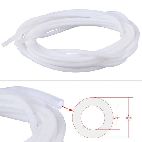 White PTFE tubing coil, 1 m long, with close-up cross-section showing 2 mm ID and 4 mm OD