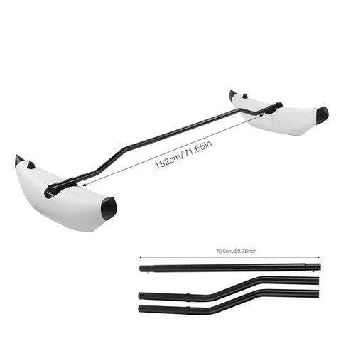Inflatable Kayak Stabilizer Outrigger Set For Canoes And Small Boats Portable PVC Float Balancer For Stability Easy Install And Removal Keeps You Steady When Standing Great For Fishing And Recreational Paddling White, showing dimensions and components.