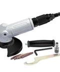 Premium Heavy Duty 5 Inch Pneumatic Angle Grinder With Rock Solid Alloy Guard And Knurled Side Handle Turns Out Blistering 12000 Rpm High Torque Performance For Rock Hard Grinding Tasks with accessories.
