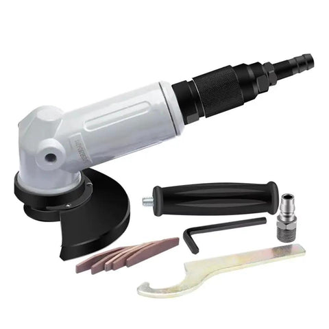 Heavy Duty 5 Inch Pneumatic Angle Grinder With 12000 RPM High Speed Rotation features side handle and various accessories.