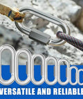 15 Piece M6 One Quarter Inch Quick Link Chain Connectors Made From 304 Stainless Steel Screw Carabiners in use with rope outdoors