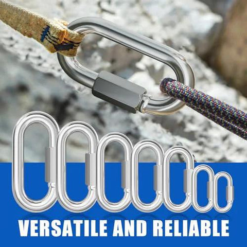 15 Piece M6 One Quarter Inch Quick Link Chain Connectors Made From 304 Stainless Steel Screw Carabiners in use with rope outdoors