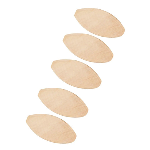 No Fuss Easy Install Top Tier Beechwood Wood Joining Biscuits 100 Pack For Plate Joiner, five solid beech biscuits arranged.