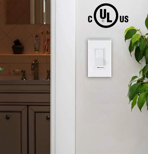 3-Way Or Single-Pole In-Wall Slide Dimmer Switch For LED And CFL And Incandescent Lights installed in bathroom wall