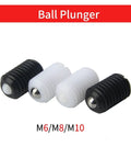 Three sizes of Black and White M6/M8/M10 ball plunger screws with textured surface for secure grip in daily craft projects.