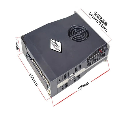 Angled top view of NOVKMJVZ servo motor driver kit with cooling fan and front connector panel; approx 190×160×50 mm