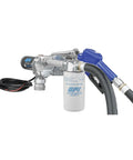 No Sweat Fuel Transfer Pump With Automatic Shut Off Nozzle And Premium Filter Kit showing pump head, filter, and nozzle.
