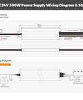 Wiring diagram for 24V 300W LED Power Supply With Five In One Dimming, detailed specifications and dimensions shown.