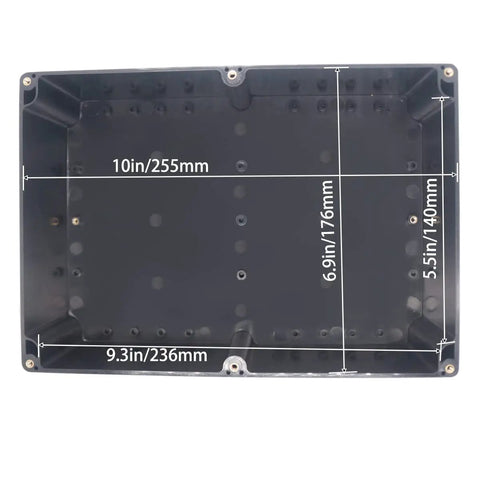 Interior view of IP67 Waterproof Junction Box Enclosure For DIY Electronics Projects showing dimensions in black ABS plastic
