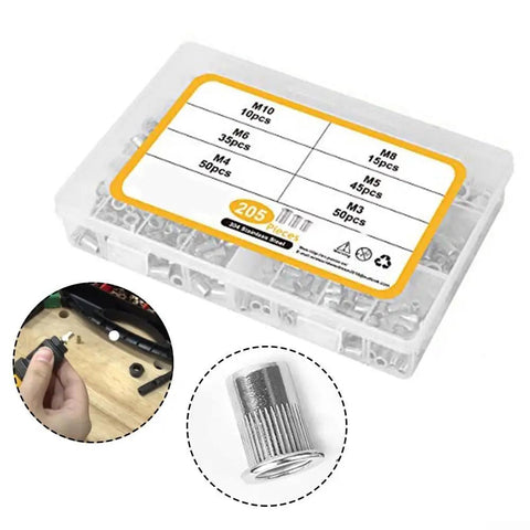 Premium 205Pcs Stainless Steel Rivet Nut Kit For Auto Repair M3-M10 Flat Head Threaded Insert Assortment Tool Set Perfect For Heavy Duty Jobs. Storage box with M3-M10 stainless rivet nuts