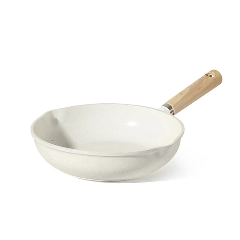 8 Inch White Granite Nonstick Frying Pan Skillet With Heavy Duty Cast Aluminum Induction Base, side view of cream white pan.